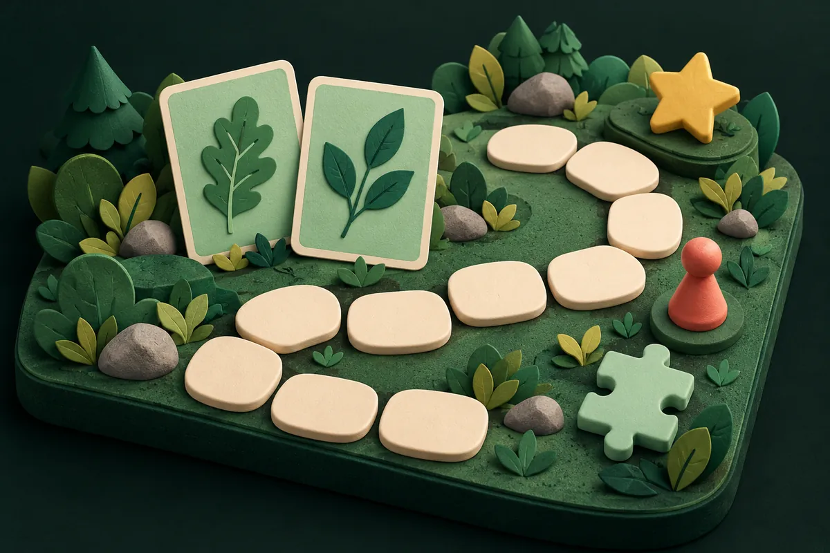 A colourful tabletop puzzle scene with tiles and playful learning objects.