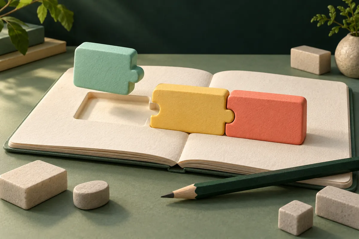Colourful interlocking blocks and a pencil illustrating how small parts build a sentence.