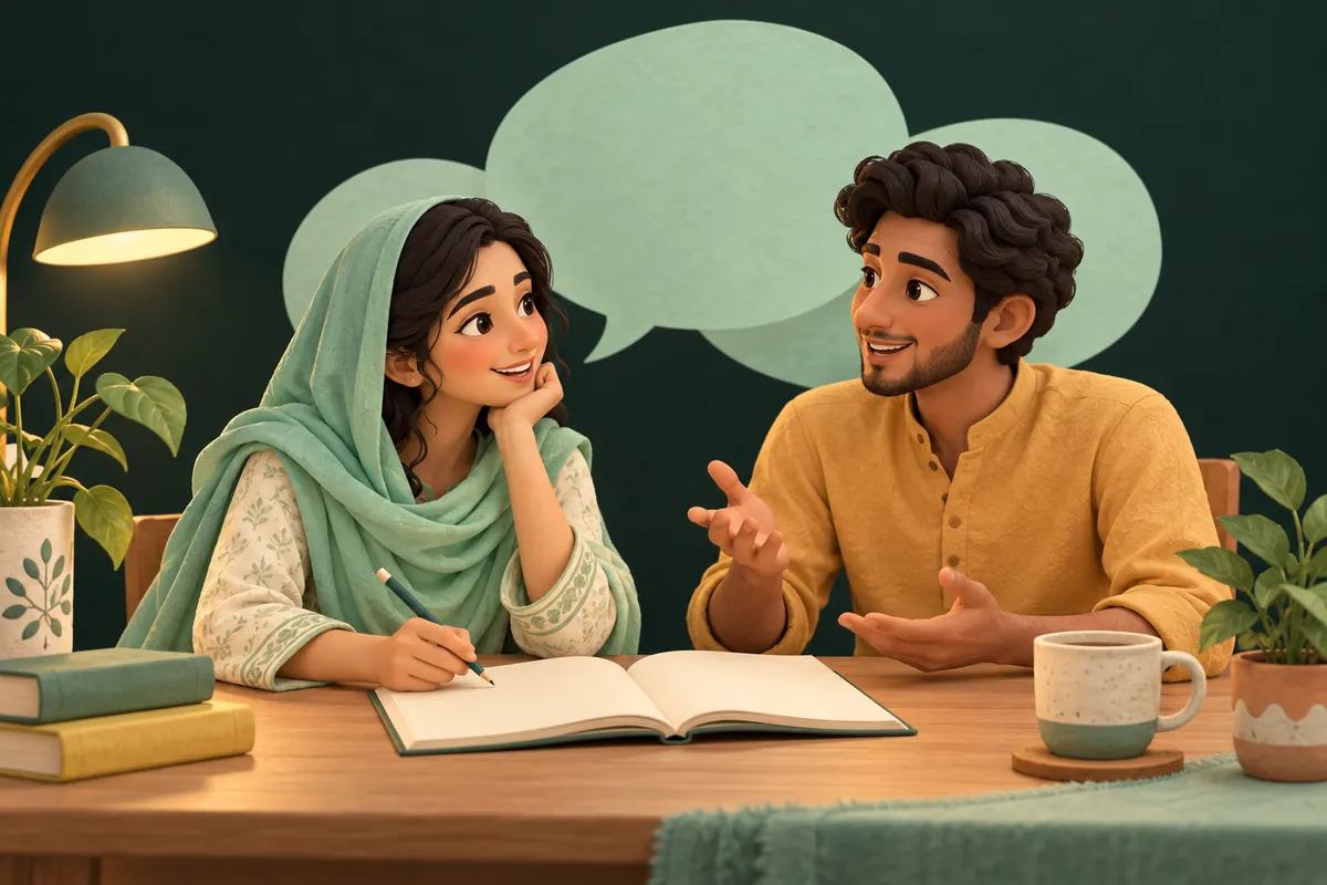 Illustration of two Pakistani learners studying and having a conversation at a desk.