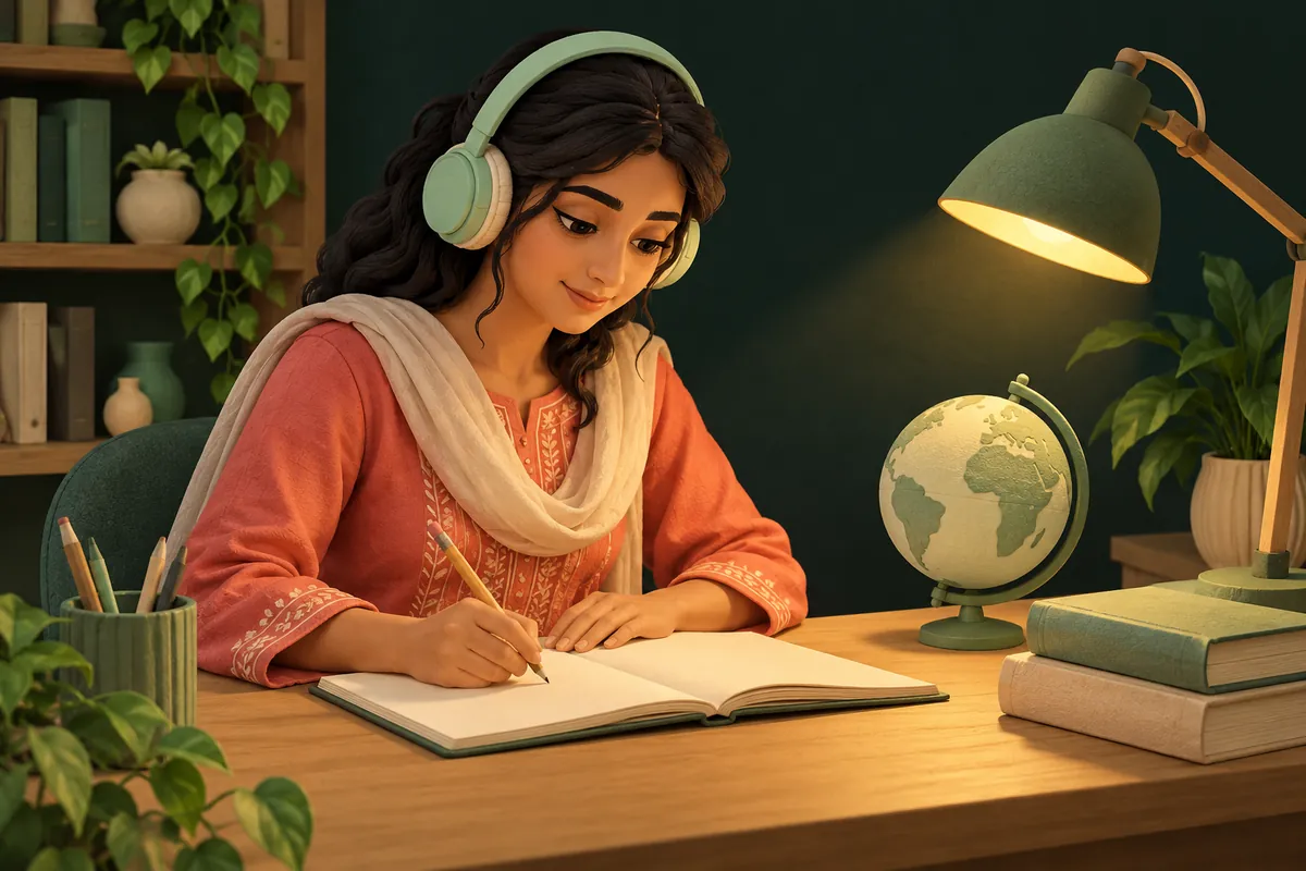 A Pakistani student using headphones and a notebook during focused study.