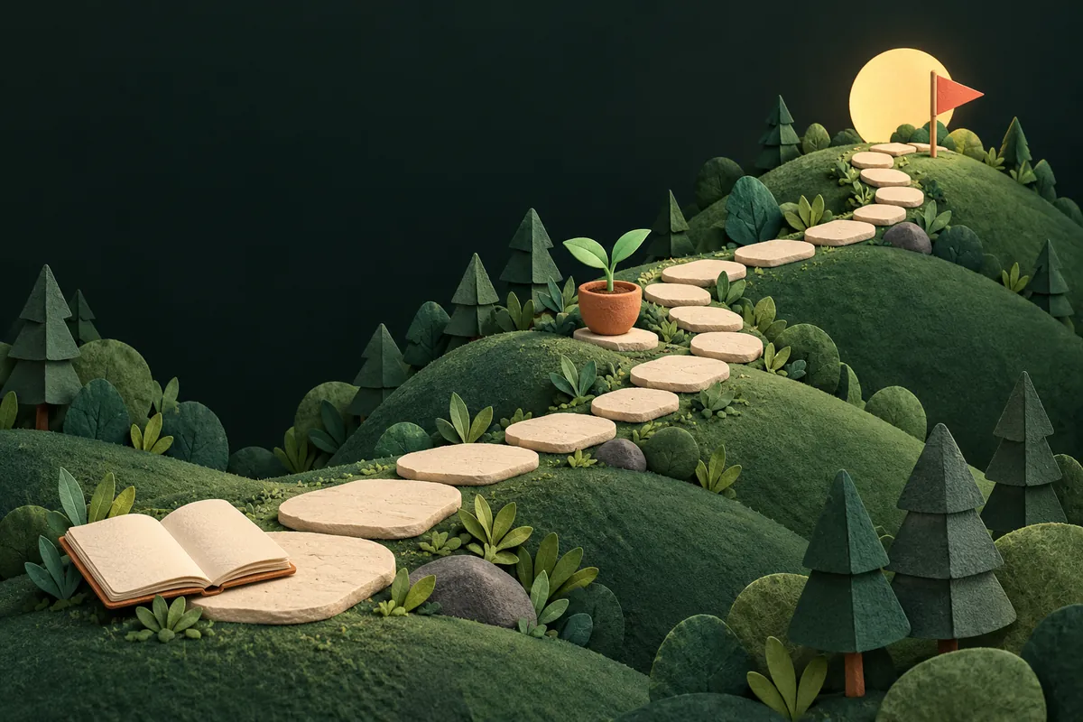 Stepping stones, a growing plant and a notebook representing gradual learning progress.